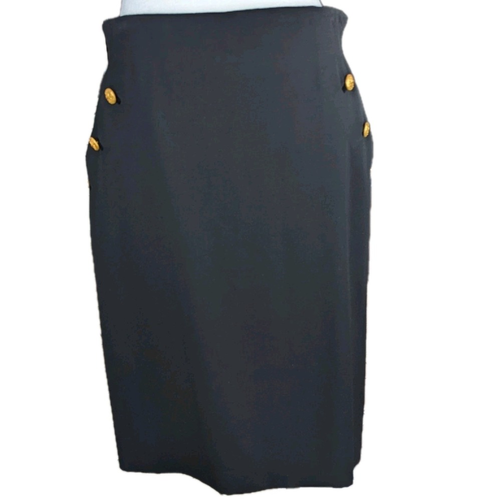 Escada Margaretha Ley‎ 100% Wool Skirt Size 40 Black Gold Tone Buttons Career